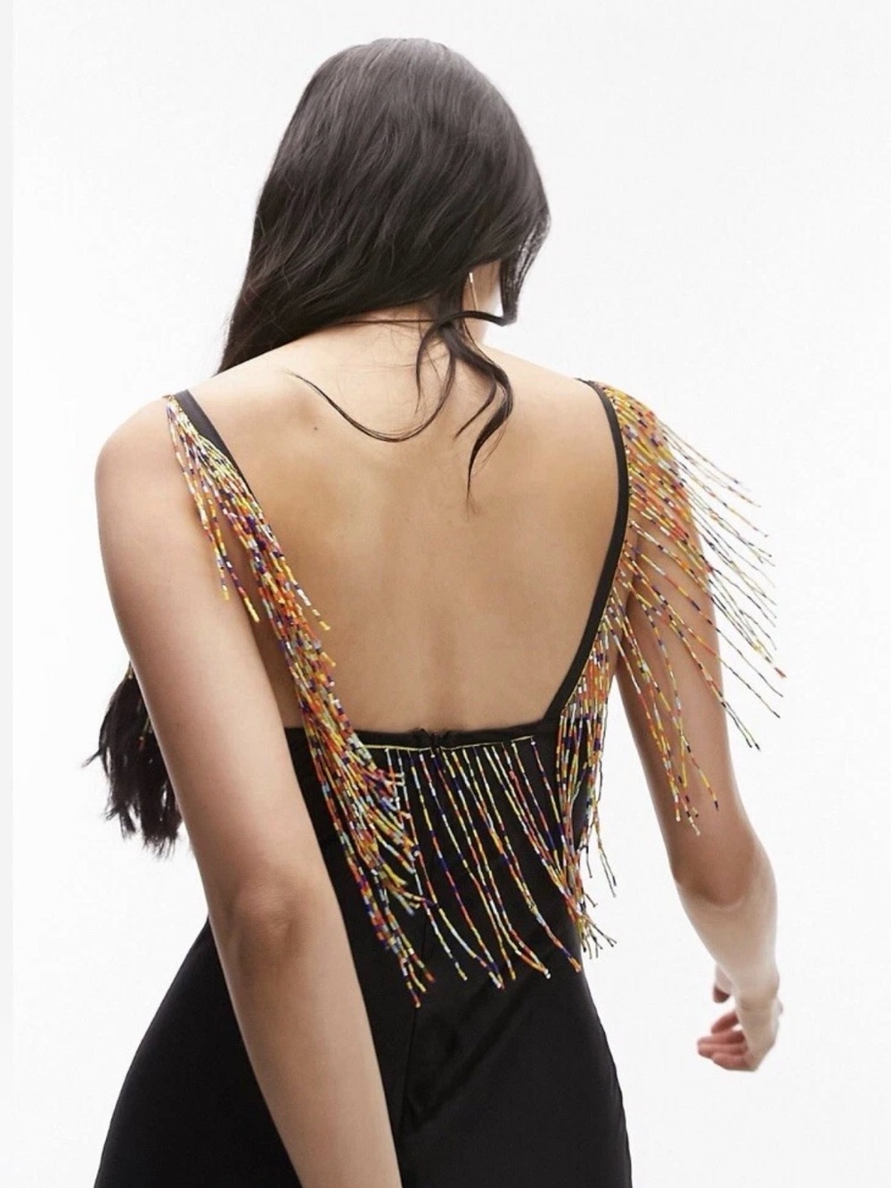 Topshop Black Backless Dress with Multicolor Beaded Fringe
